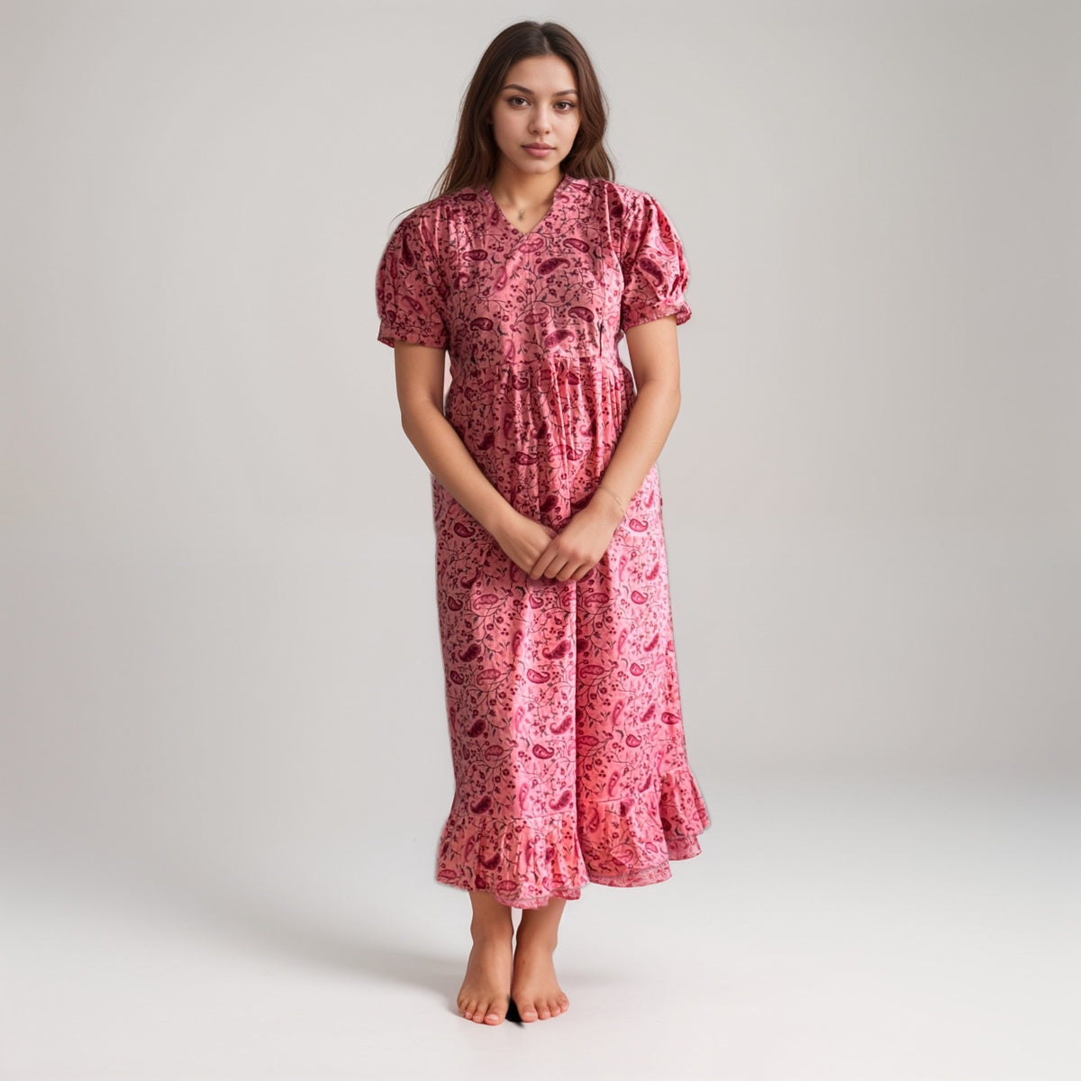 Frock Feeding Nighty, Free Size, Ankle Length, Tie-Up, Puff Sleeve Sleepwear in Softest Cotton Fabric (Bra Size 34"-38" | 50”-52″ length)