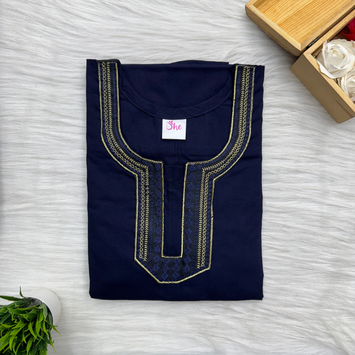 Neck Embroidery Plain Cotton Nighty, Free Size, Short Sleeve (54″-56″ length)