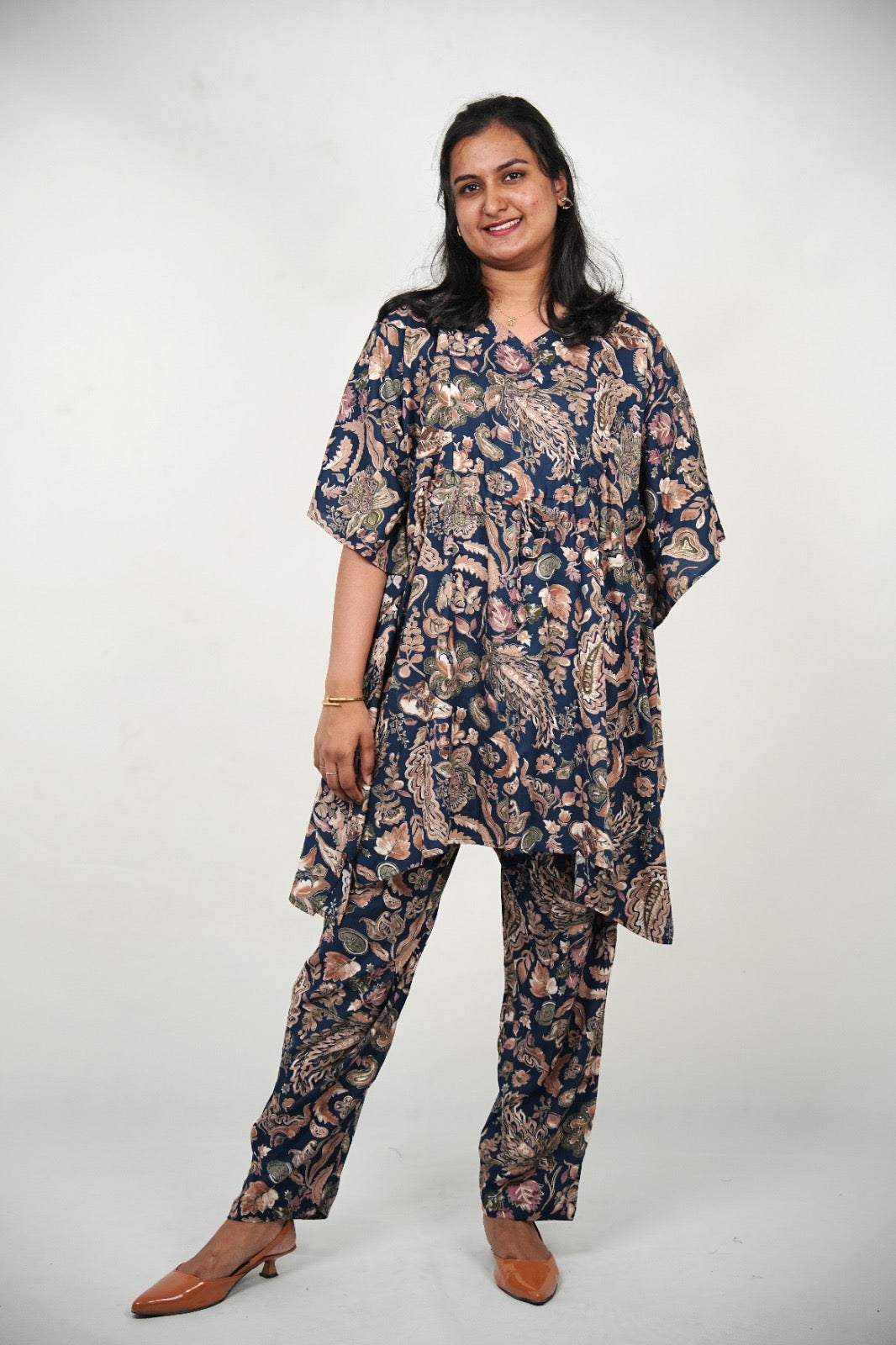 Classic Navy Paisley Maternity & Feeding Friendly Kaftan Coord Set | Soft Premium Rayon Cotton