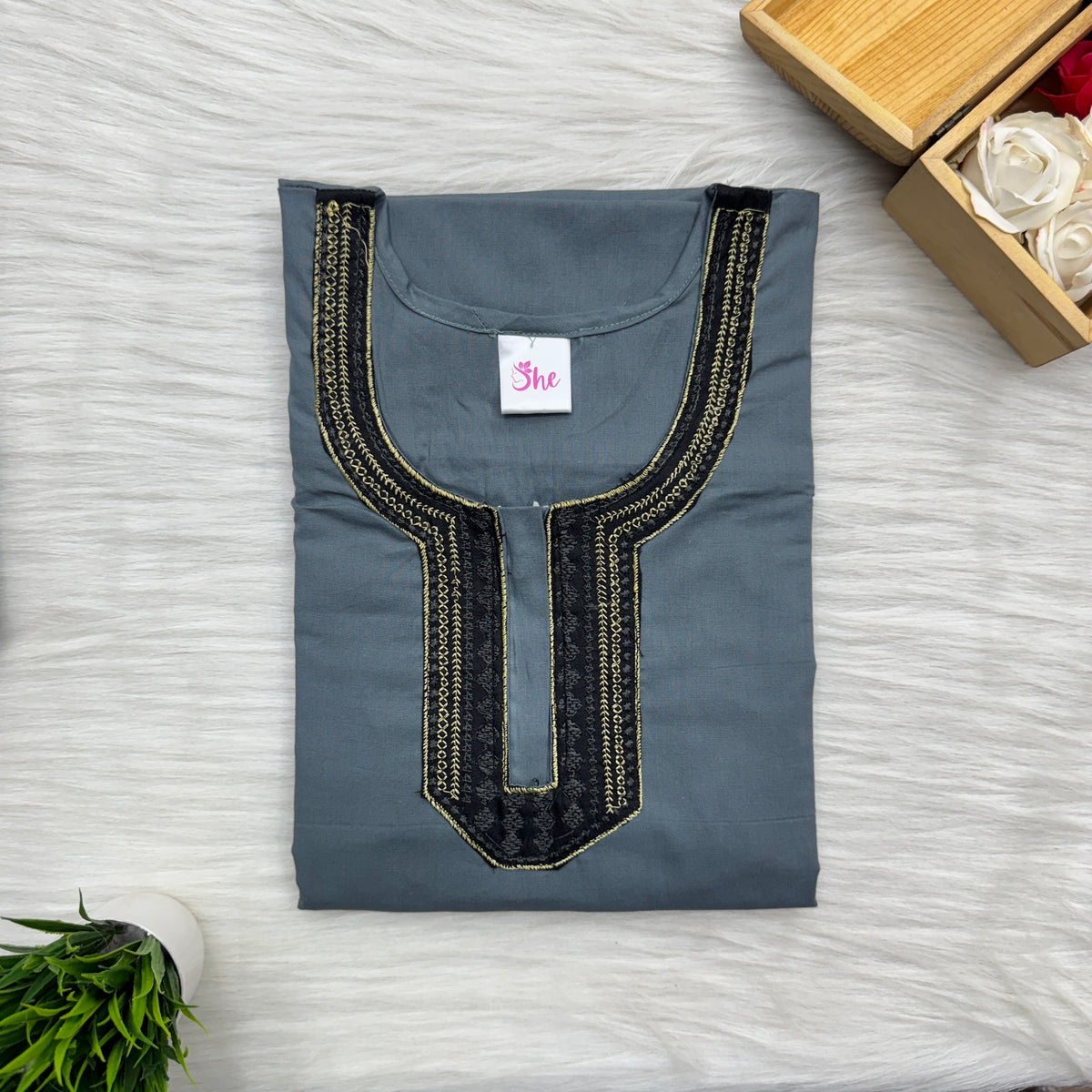 Neck Embroidery Plain Cotton Nighty, Free Size, Short Sleeve (54″-56″ length)