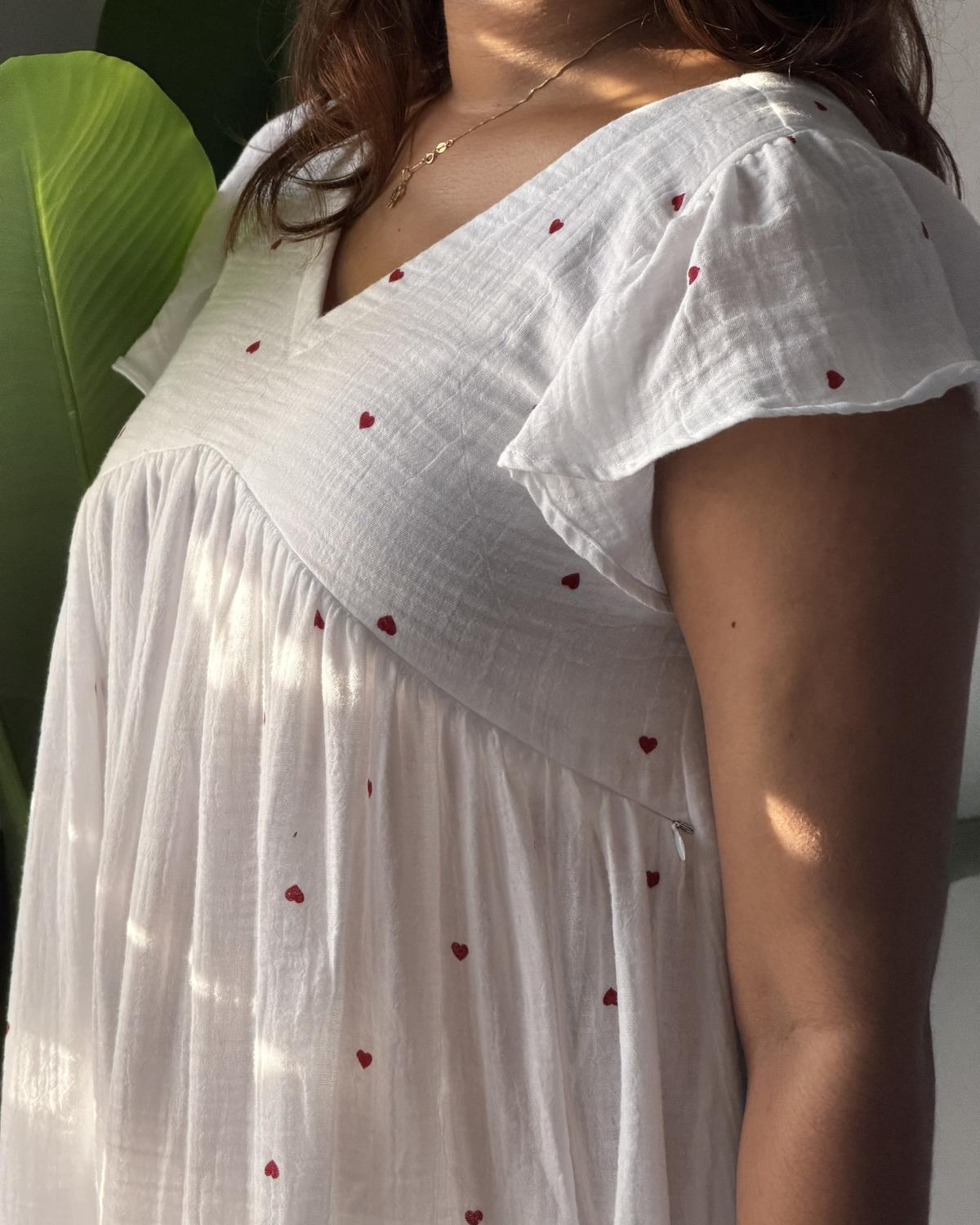 Elira | She Wardrobe Premium Double Gauze Muslin Cotton Maternity & Nursing Dress – Soft Heart White