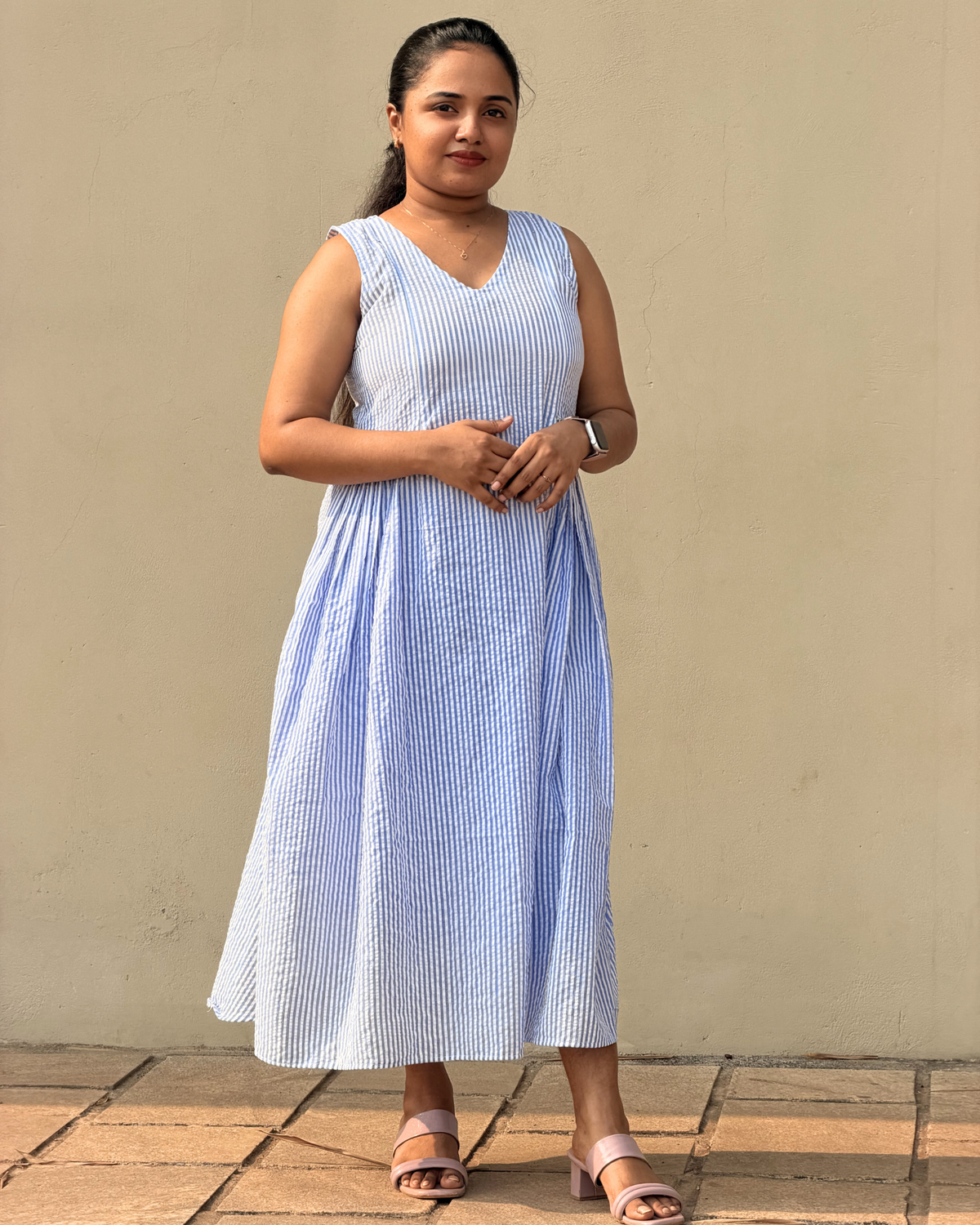 Blue Pinstripe Cotton Maternity Feeding Dress | BS1